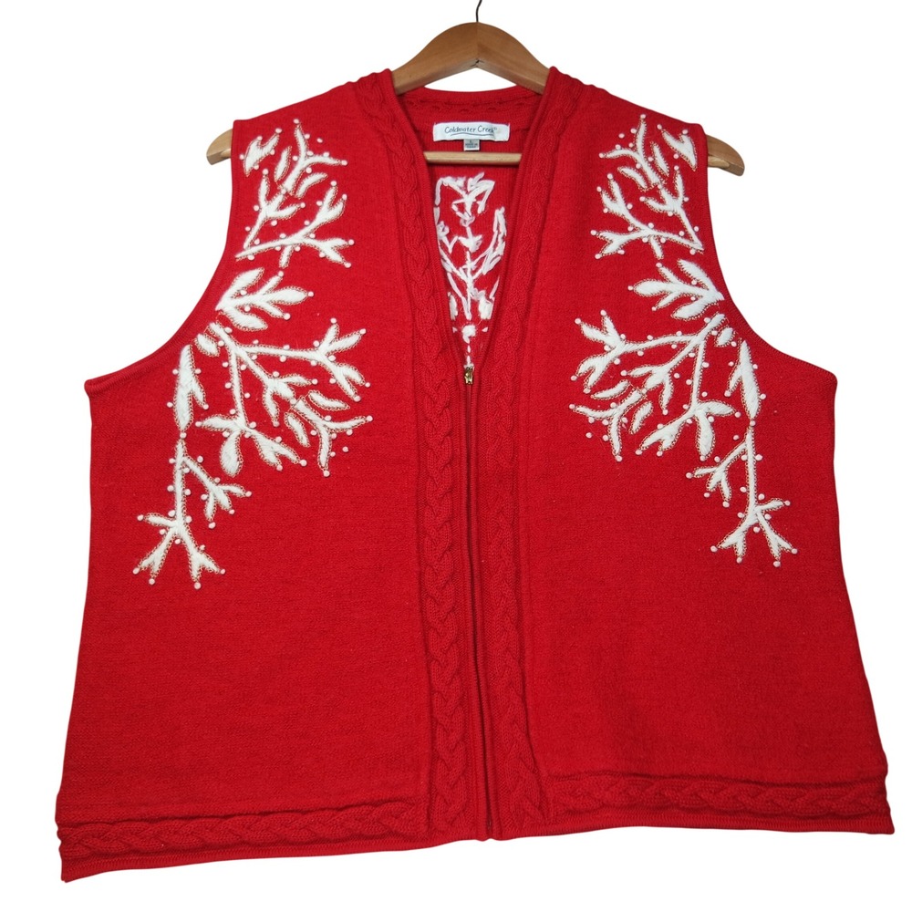 Vintage Coldwater Creek Red 100% Wool Snowflake Beaded Zip Up Sweater Vest Large